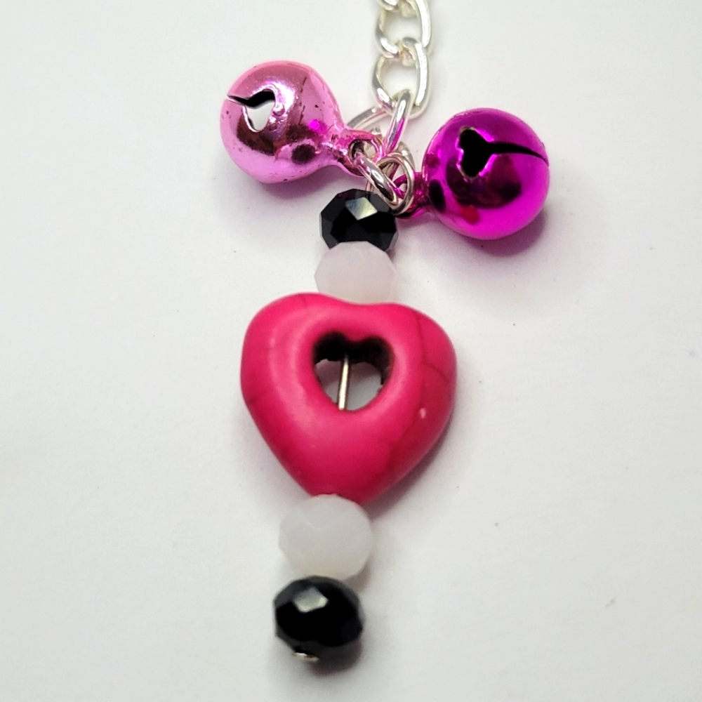 Pink stone heart bead and pink bells Keychain